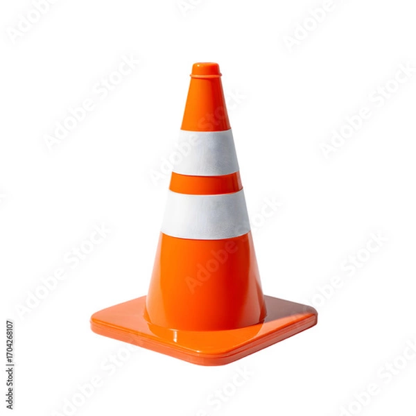 Fototapeta Bright orange traffic cone with white reflective stripes standing upright on a square base isolated on transparent background