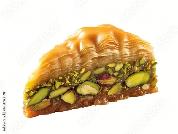 Fototapeta  A triangular slice of rich baklava is presented, revealing layers of flaky pastry, glistening syrup, and a generous filling of green pistachios.