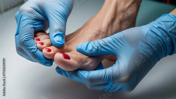 Obraz Podiatrist examining a patients foot with red nail polish during a medical checkup in a clinic medical technology