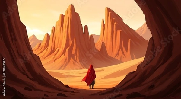 Fototapeta Desert Wanderer Facing Red Mountains.