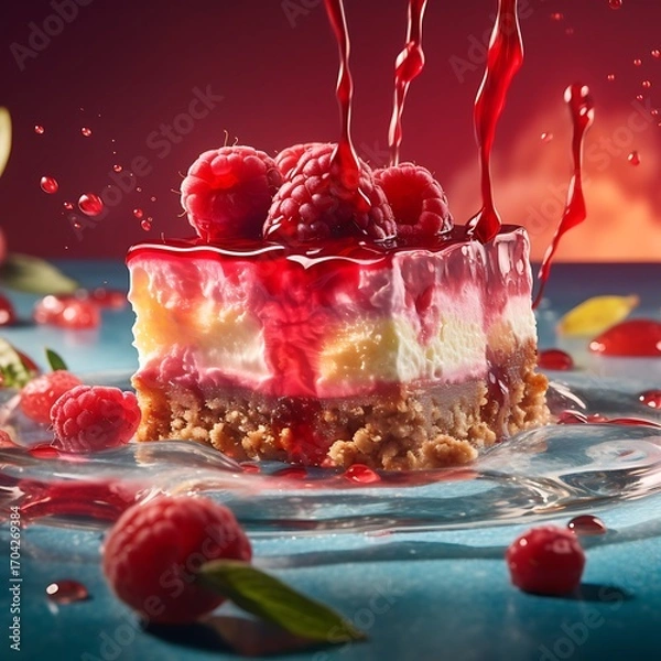 Fototapeta Raspberry cheesecake slice with dripping sauce a delicious dessert presentation perfect for food blogs and culinary publications