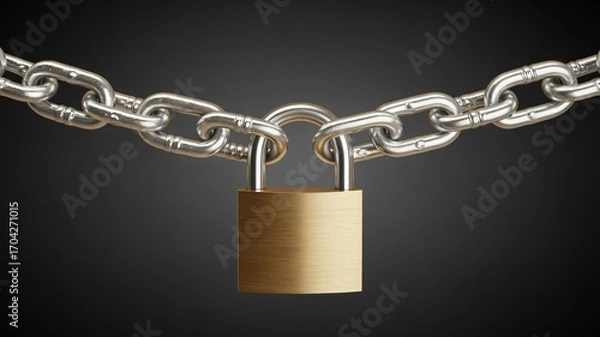 Fototapeta  A sturdy brass padlock securely links two heavy metal chains together, all set against a dark, somber background. 