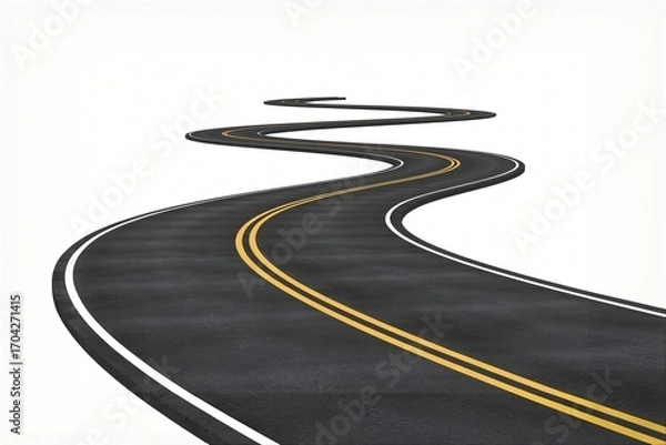 Fototapeta  A winding asphalt road with double yellow lines stretches into the distance against a stark white background. 