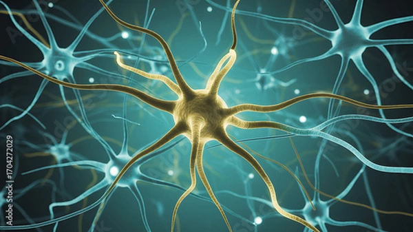 Fototapeta Close up of neurons, nerve cells, brain cells, or neural network, with a focus on the central cell medical technology