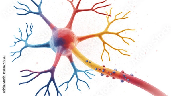 Fototapeta Illustration of a neuron, a nerve cell, with its dendrites, axon, and myelin sheath isolated on white background medical technology