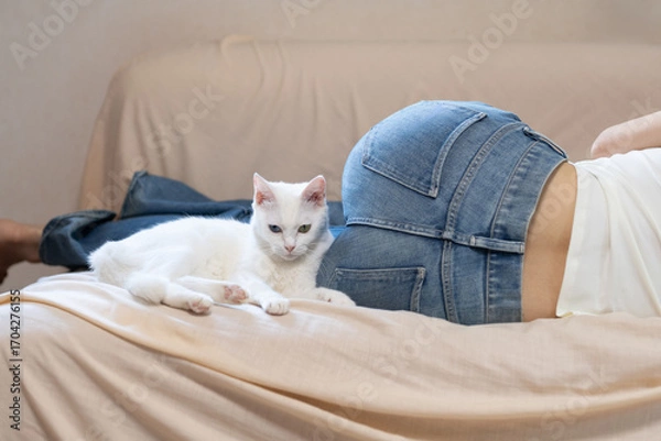 Fototapeta 白い猫と女性のお尻