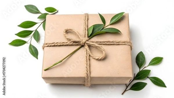 Fototapeta Gift box wrapped in brown paper with twine and leaves
