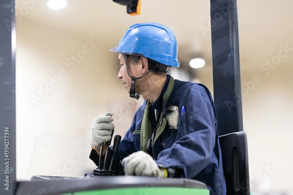 Fototapeta 倉庫内でフォークリフトに乗る男性