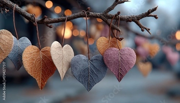 Fototapeta Paper hearts hanging from branches, swaying in the breeze.