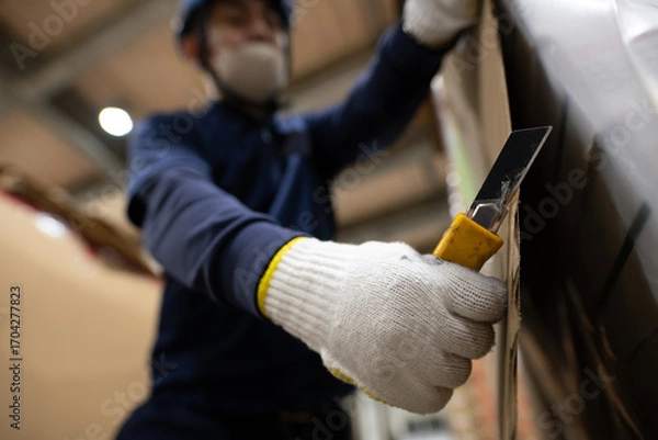 Fototapeta カッターを使って作業をする男性の手元