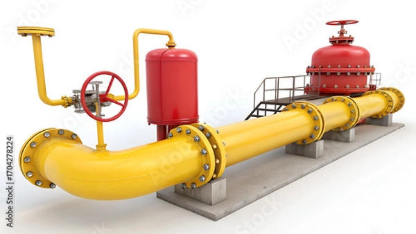 Fototapeta Gas cylinder, yellow pipes and valve isolated on white background. 3D rendering