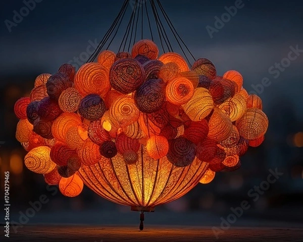 Fototapeta Paper lanterns forming a sphere in a dark sky.
