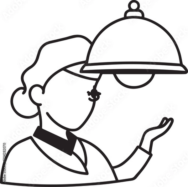 Fototapeta Chef and waiter cartoon illustration holding a tray in restaurant vector design