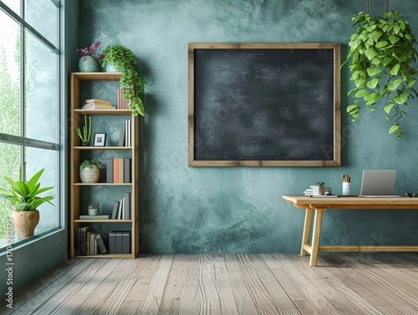 Fototapeta Minimalist office with green walls in a natural style with a whiteboard on the wall and a bookcase.