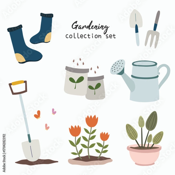 Fototapeta Gardening kit doodle vector isolated clip art collection set. Cute cartoon childish style of planting hobby and activity for asset, sticker, planner, design