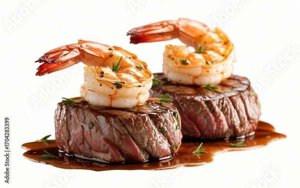 Fototapeta Two perfectly grilled steak filets are artfully topped with succulent, seasoned shrimp, resting in a rich brown sauce. 