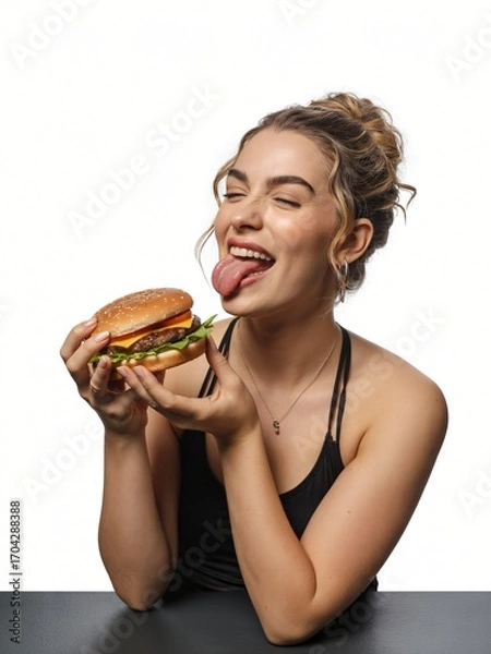 Fototapeta A joyful young woman, with her tongue playfully sticking out, holds a delicious-looking cheeseburger. Her eyes are closed in apparent delight, expressing anticipation and craving.