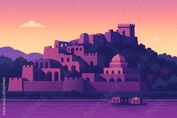 Fototapeta Flat vector illustration of the majestic Golconda Fort in Hyderabad, showing its historic ruined walls, stepped architecture, and a panoramic view of the city.