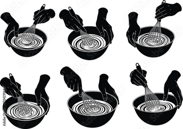 Fototapeta Hand silhouettes whisking ingredients in bowl, black and white cooking vector, kitchen utensils, mixing food concept, baking preparation scene.