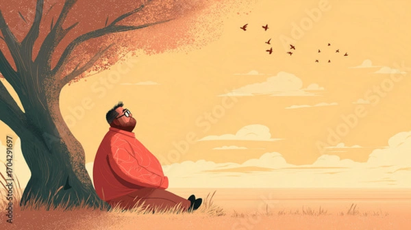 Fototapeta Man relaxing under a tree while watching birds in the evening sky