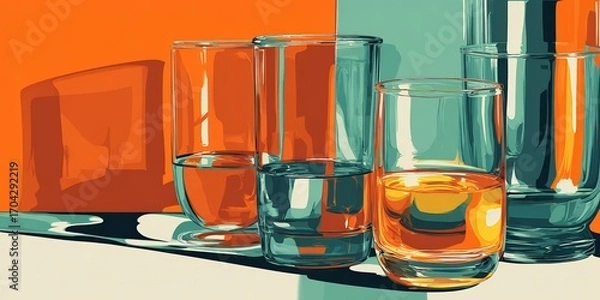 Fototapeta Stylized illustration of transparent glassware casting colorful reflections on an abstract orange and teal background