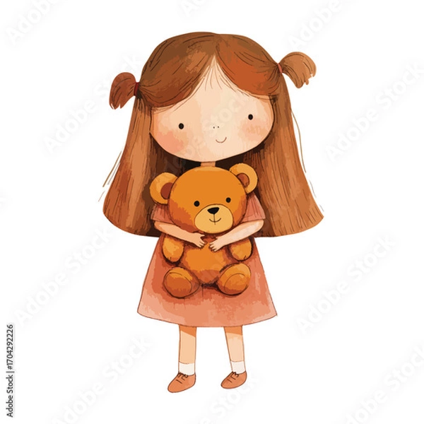 Fototapeta Watercolor Illustration of a Girl Tenderly Hugging a Teddy Bear
