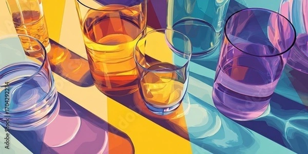 Fototapeta Artistic illustration of colorful transparent glassware casting vivid reflections and shadows on a geometric surface