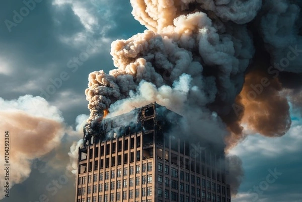 Fototapeta A tall building is engulfed in a massive fire, with thick plumes of dark smoke billowing into the sky. 
