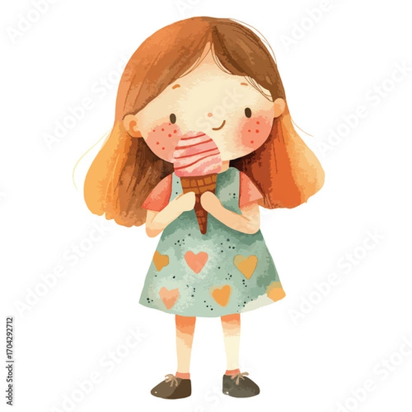 Fototapeta Watercolor Illustration of a Girl with Strawberry Ice Cream Cone