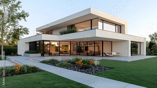 Fototapeta Stunning modern luxury home with expansive glass windows