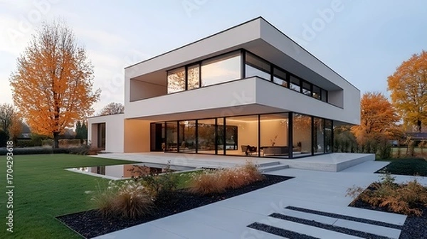Fototapeta Modern luxury home design with autumn foliage and serene water feature