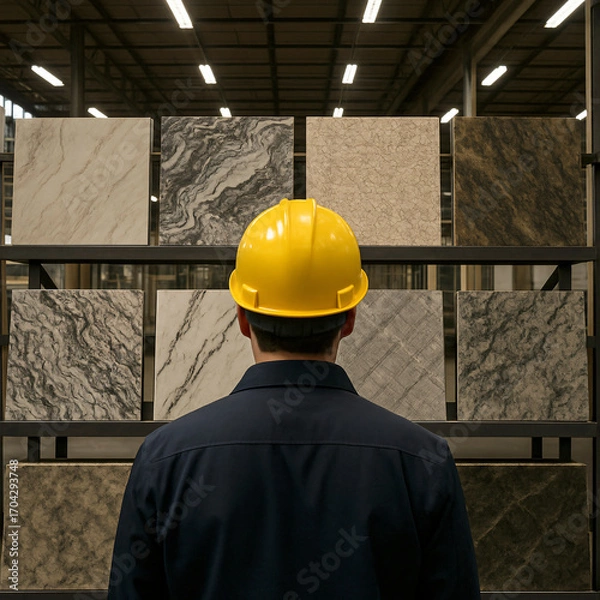Fototapeta A male architect or engineer in a yellow hard hat, facing a display of premium marble and stone tile samples for an architectural or interior design project