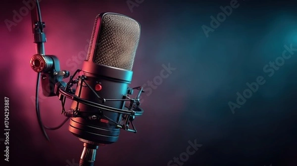 Fototapeta Studio microphone with pop filter in moody pink and blue smoke lighting for podcast, music, and voice recording creative visuals.

