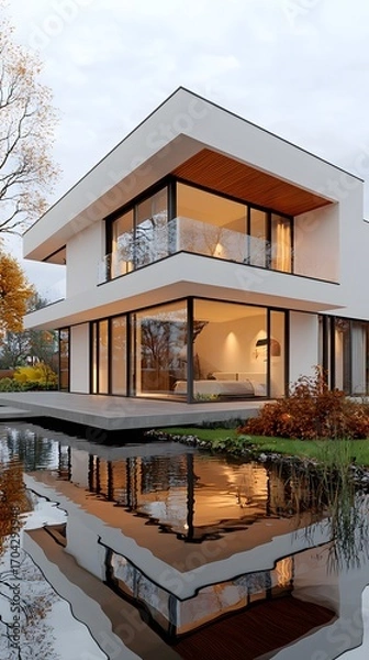 Fototapeta Modern luxury home design with serene water reflection