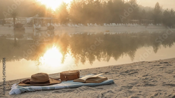 Fototapeta Serene beach scene with a hat, book, and bag at sunrise