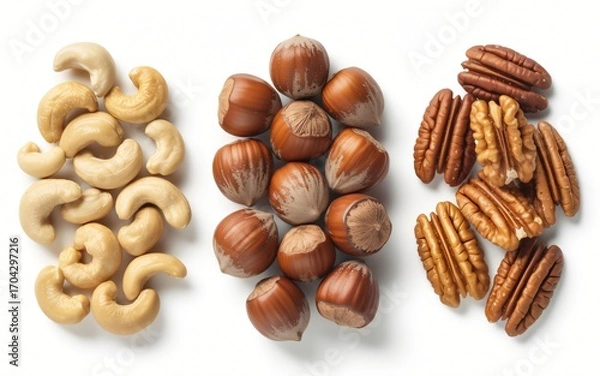 Fototapeta  Three neat rows of different nuts are presented on a clean white background: cashews, hazelnuts in their shells, and pecans.