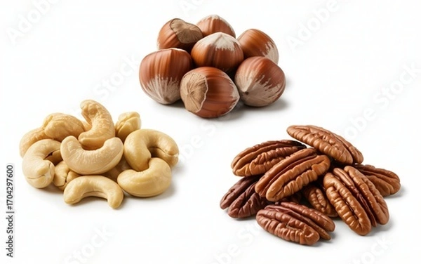 Fototapeta  Three distinct piles of nuts – cashews, hazelnuts (in shell), and pecans – are arranged separately on a white surface. 