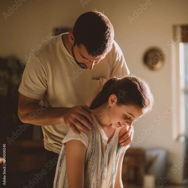 Fototapeta Warm moment between a man and girl in a cozy indoor setting during golden hour
