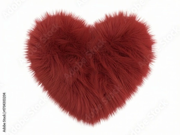 Fototapeta A fluffy, deep red heart-shaped object is isolated against a clean white background. 