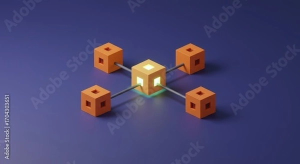 Obraz Abstract 3D rendering of interconnected orange cubes with a glowing central block on a purple background.