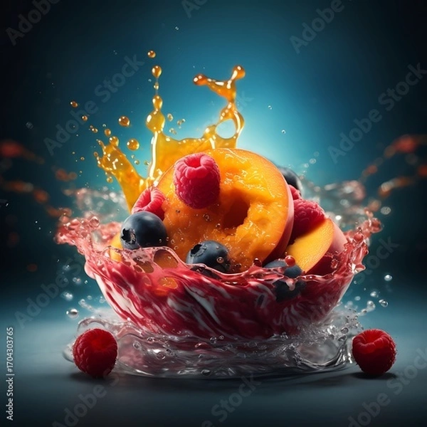 Obraz Summer Fruit Splash Juicy Peach and Berry Delight