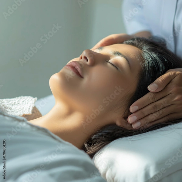 Fototapeta Relaxation session with gentle massage in a calm indoor setting during daylight hours