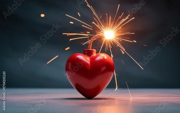 Fototapeta A stylized heart-shaped bomb with a lit fuse sparks brightly in a dark setting. 