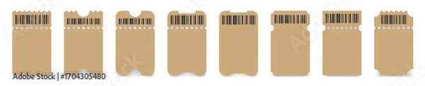 Fototapeta Set of brown ticket mockups with bar codes, ruffle edges and shadows. Small vertical empty templates. Concert, movie or theater ticket. Blank, lottery, sale coupon