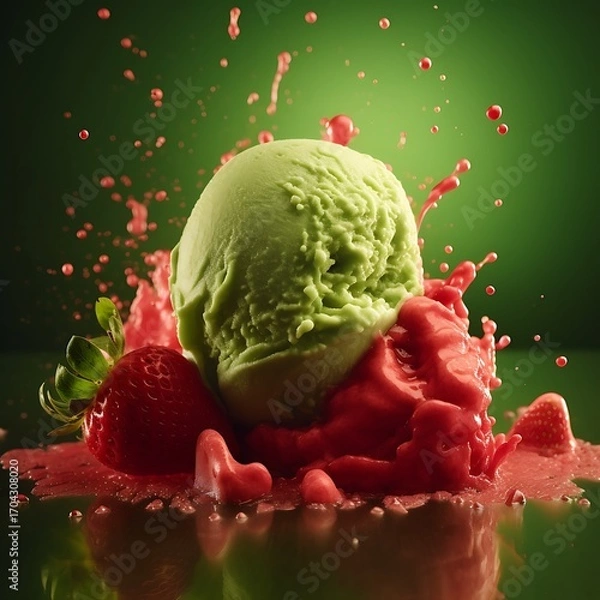 Fototapeta Refreshing Pistachio Ice Cream with Strawberry Splash