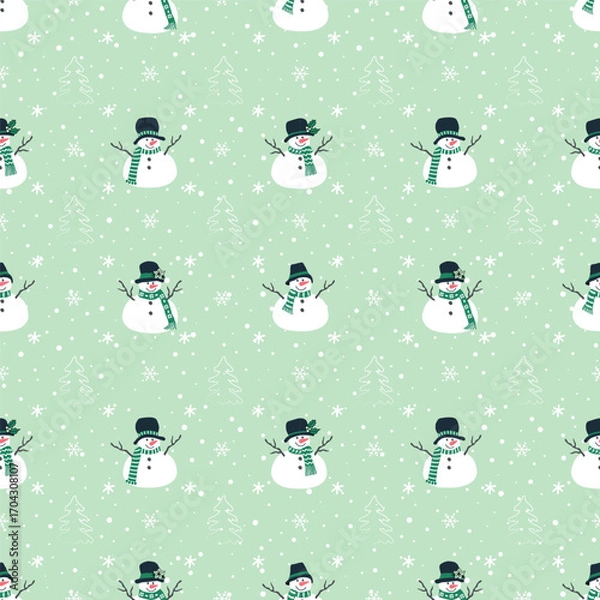 Fototapeta Christmas Background. Seamless Winter Pattern with Funny Snowmen, Fir Trees, Snowflakes. Vector illustration on Green Background