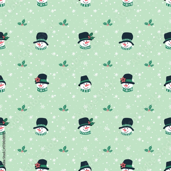 Fototapeta Christmas Seamless Pattern. Winter Background with Funny Snowmen Heads, Snowflakes. Vector illustration on Green Background