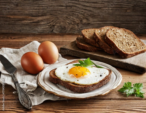 Fototapeta fried egg with bread on a plate, breakfast, ai ki, generated image, 