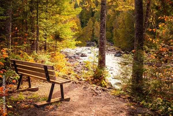Fototapeta Scenic riverside bench in autumn landscape with vibrant foliage and flowing water near a forest
