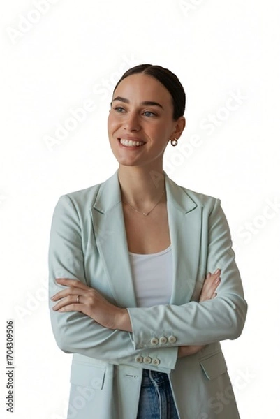 Fototapeta A smiling young woman looks upwards and to the side, with a hopeful and optimistic expression.